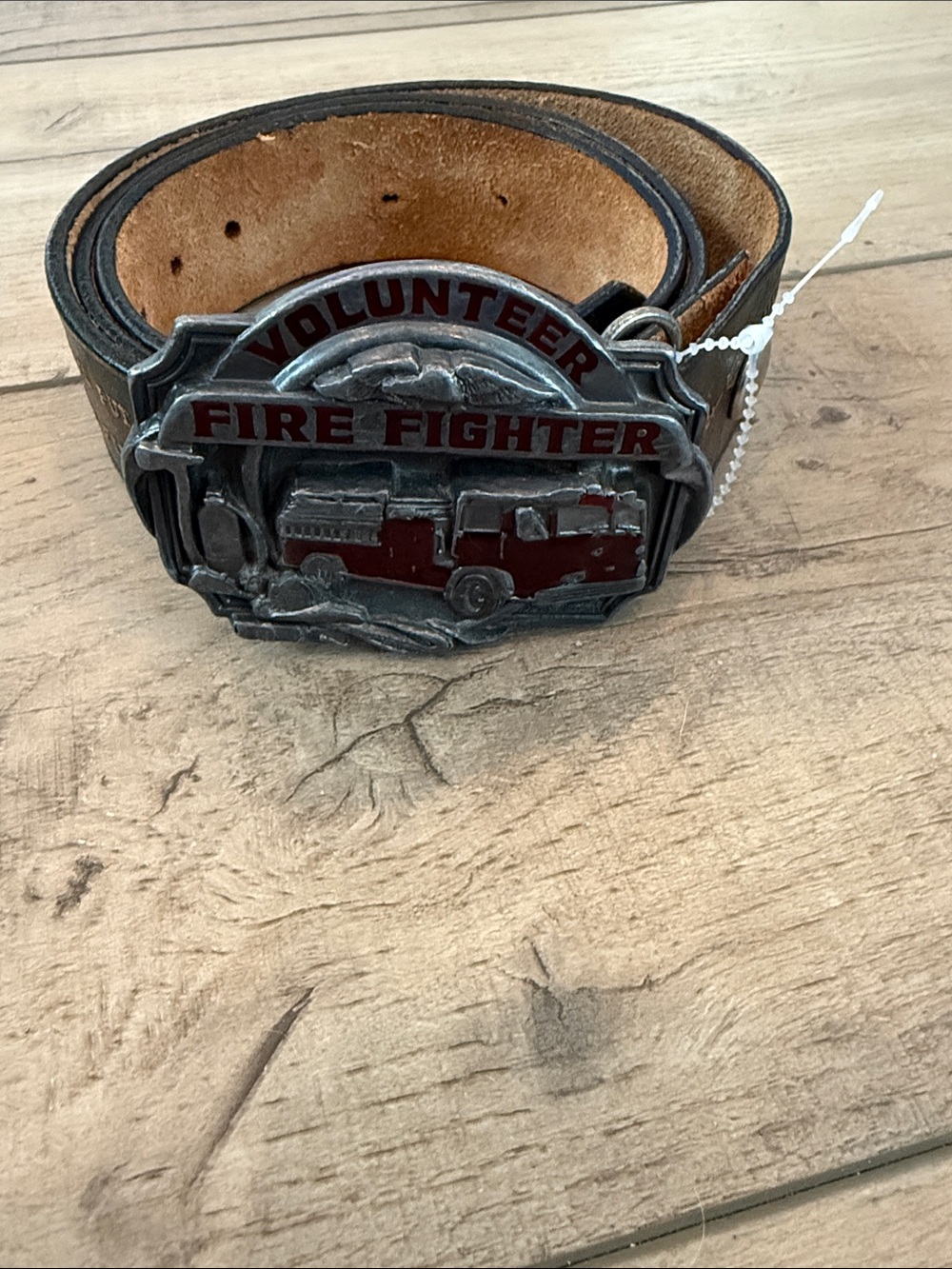 Brown Leather Belt with Red Fire Truck Volunteer Firefighter Buckle
